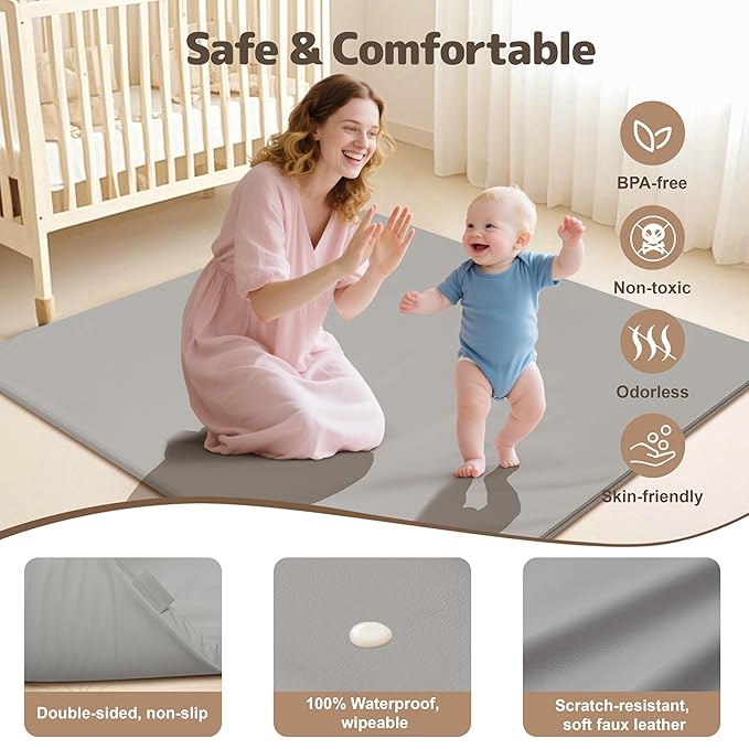 Baby Play Mat 47x47 Inches, Extra Thick 1.2" Foam Floor Mat for Tummy Time & Crawling, Waterproof Non-Slip Faux Leather Playpen Mat for Infants Toddlers, Indoor Outdoor Gym Activity, Gray-CubbioJoy
