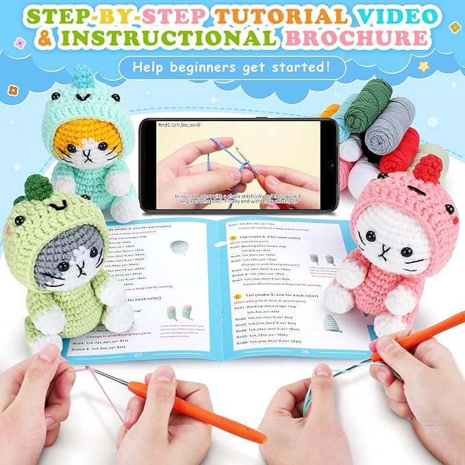 Crochet Kit for Beginners - 3 PCS Dinosaur Cat Crochet Kits with Step-by-Step Video Tutorials, Beginner Crochet Kit for Adults Kid, Crochet Animal Kit for Starters, Cat Dressed as Dinosaur Crochet Set-CubbioJoy