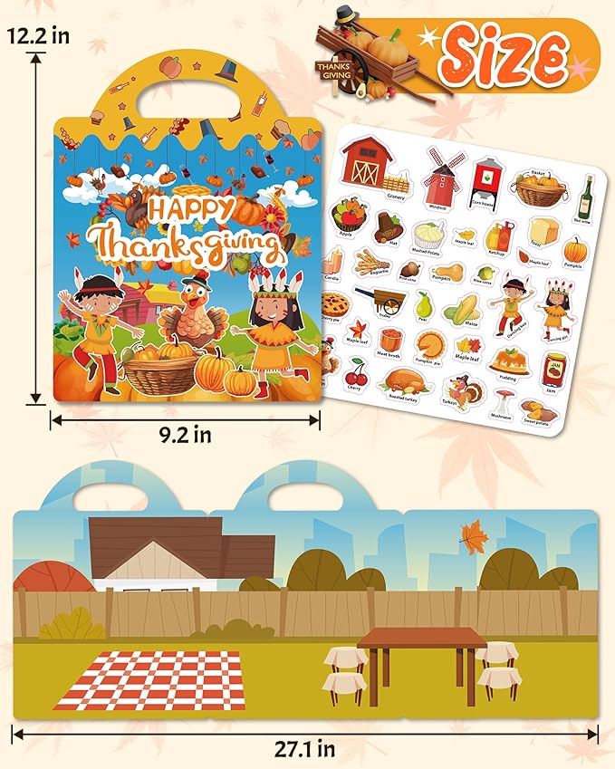 Benresive Reusable Sticker Book for Toddlers 2-4 Years, Fun Travel Stickers for Kids, Waterproof Sticker Books for Toddlers 1-3, Crafts Activities for Todddlers 1-3 2-4 3-5 - Thanksgiving-CubbioJoy