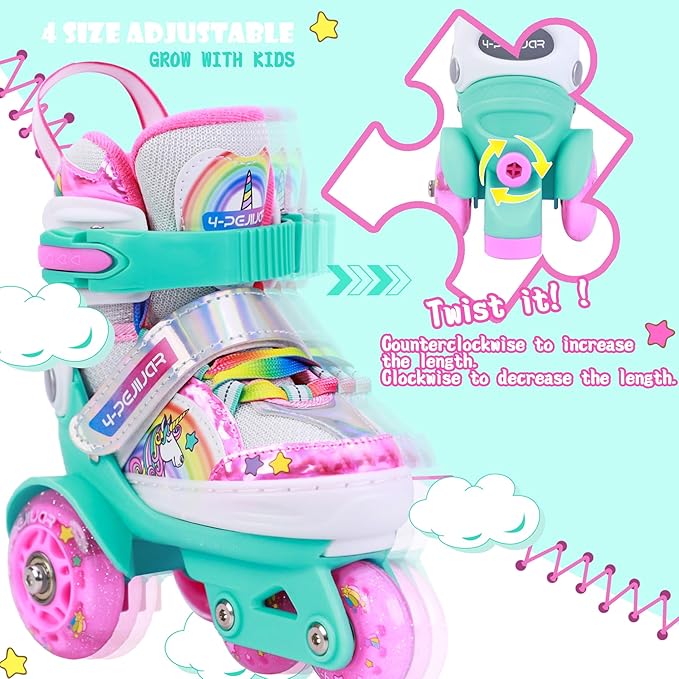 4-Pejiijar Rainbow Unicorn Kids Roller Skates for Girls Toddler Ages 2-4 5-8 8-12,Adjustable Roller Shoes with Luminous Wheels for Birthday Xmas Gifts-CubbioJoy