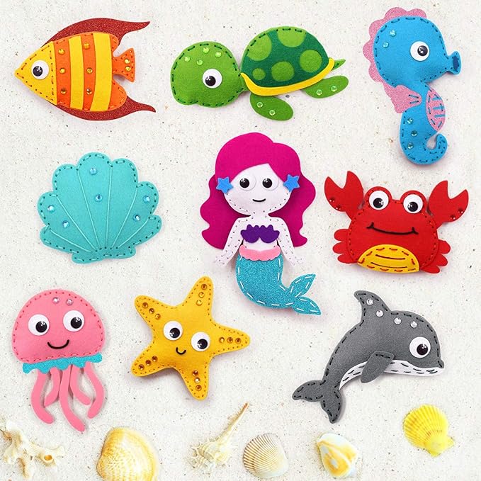 CiyvoLyeen Sea Animals Sewing Kit Mermaid DIY Felt Plush Craft Kit Make Your Own Ocean Animals Gifts for Beginner Boys and Girls Educational Kids Art Craft Supplies Set of 12-CubbioJoy