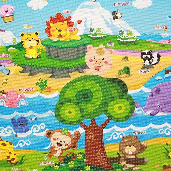 Baby Care Play Mat (Large, Playful - Pinko & Friend) 82'' x 55'' Original One-Piece Reversible Rollable Waterproof Play Mat for Infants, Babies, Toddler, and Kids-CubbioJoy
