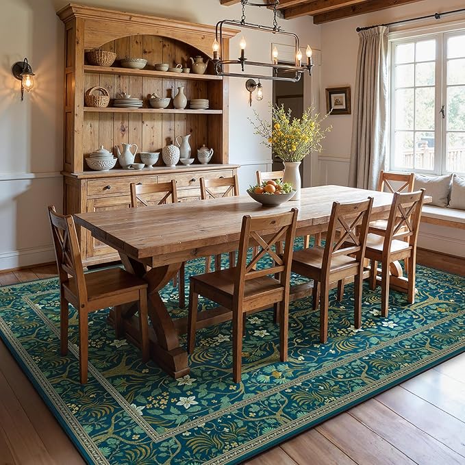 Joydeco Washable Large Area Rug 8x10, Boho Floral Rugs for Living Room Non Slip, Soft Low-Pile Botanical Forest Indoor Floor Throw Carpet for Dining Home Office Playroom, Dark Blue-CubbioJoy