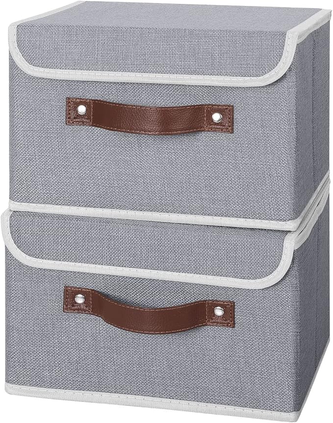ANMINY 4PCS Storage Bins with Lid PU Leather Handles Storage Boxes PP Plastic Board Decorative Foldable Lidded Cotton Linen Fabric Home Cubes Baskets Closet Organizer Containers - Gray, Small Size-CubbioJoy