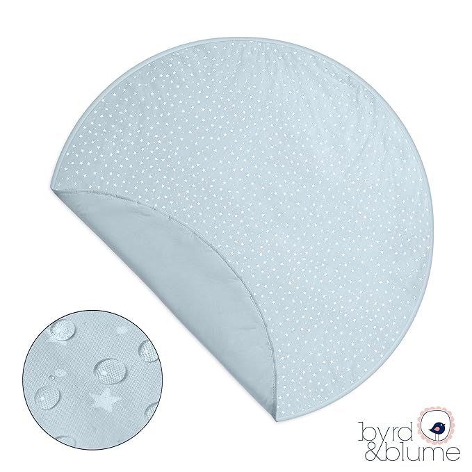 Byrd & Blume Round Baby Play Mat, Organic Cotton Soft Padded Nursery Floor Mat, Safe Hypoallergenic Baby Mat, Reversible, Foldable, Portable Infant Tummy Time Mat Fits Tents & Playpens (40"x40") Blue-CubbioJoy