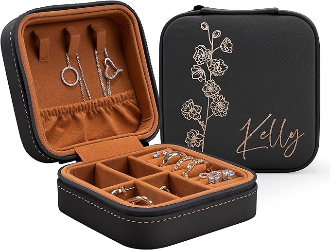 Custom Leather Jewelry Box w/Name & Birth Flower Month - Birthday Gifts for Women, Personalized Jewelry Travel Case - Customized Jewelry Organizer Box, Mom Birthday Gifts - Black-CubbioJoy