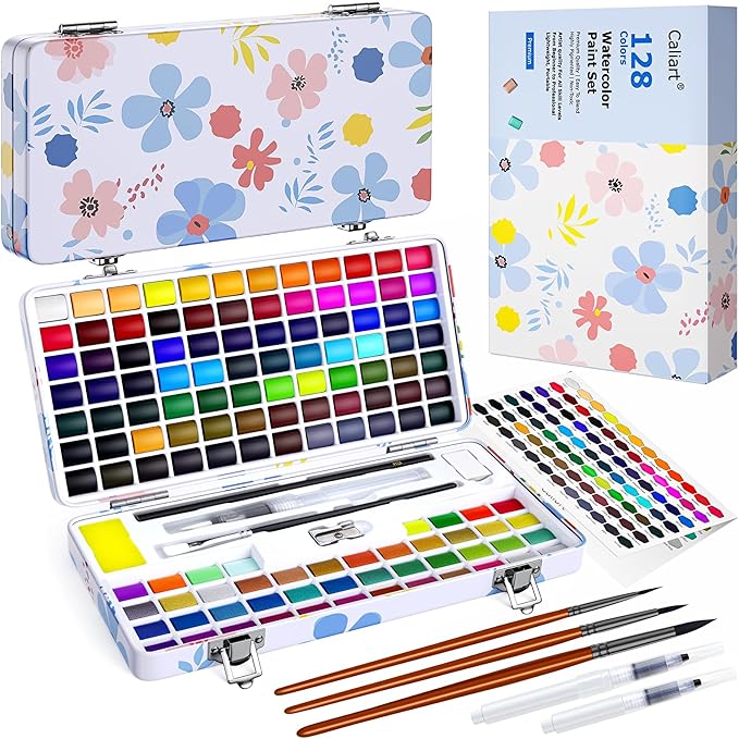 Caliart Watercolor Paint Set, 128 Colors with 4 Brushes Metallic Color Palette Kit, Portable Travel Watercolors Painting Gifts for Adults Kids Teen Girls Boys Art Supplies-CubbioJoy