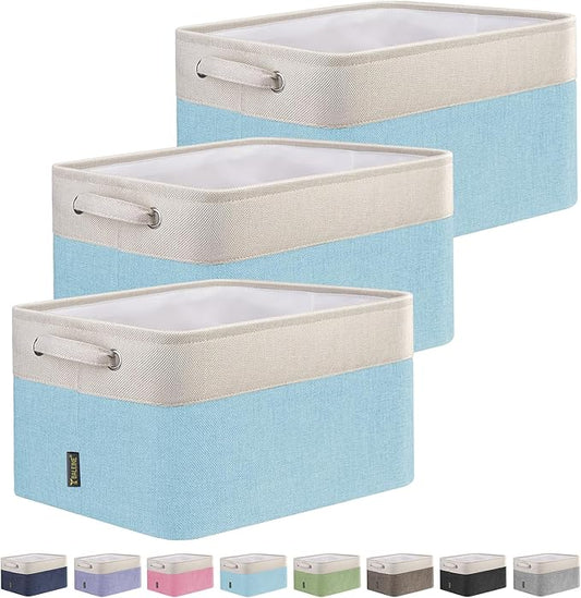 BALEINE 3 Pack Fabric Storage Bins for Shelves, Linen Storage Baskets for Organizing, Decorative Closet Bins for Clothes, Home (Skyblue, 12"x8"x8")-CubbioJoy