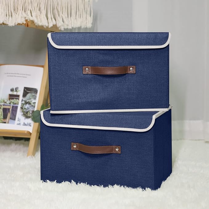 ANMINY 2PCS Storage Bins with Lid PU Leather Handles Storage Boxes PP Plastic Board Decorative Foldable Lidded Cotton Linen Fabric Home Cubes Baskets Closet Organizer Containers - Blue, Large Size-CubbioJoy