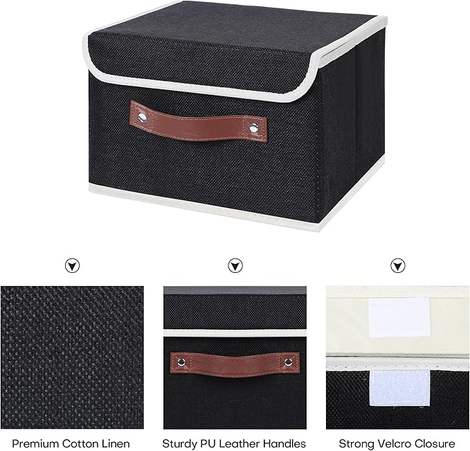 ANMINY 2PCS Storage Bins with Lid PU Leather Handles Storage Boxes PP Plastic Board Decorative Foldable Lidded Cotton Linen Fabric Home Cubes Baskets Closet Organizer Containers - Black, Small Size-CubbioJoy