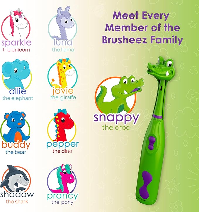 Brusheez Kids’ Electric Toothbrush Set - Safe & Effective for Ages 3+ - Parent Tested & Approved with Gentle Bristles, 2 Brush Heads, Rinse Cup, 2-Minute Timer, & Storage Base (Snappy The Croc)-CubbioJoy