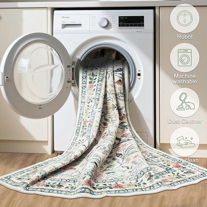 6x9 Area Rugs for Living Room: Floral Washable Rug Vintage Large Soft Boho Non-Slip Carpet Indoor Stain Resistant Thin Carpets for Bedroom Dining Room Farmhouse Nursery Hallway Home Office Green Beige-CubbioJoy