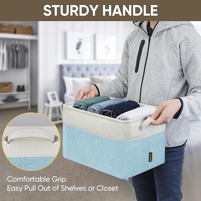 BALEINE 4 Pack Fabric Storage Bins for Shelves, Linen Storage Baskets for Organizing, Decorative Closet Bins for Clothes, Home (Skyblue, 15''x11''x9.5'')-CubbioJoy