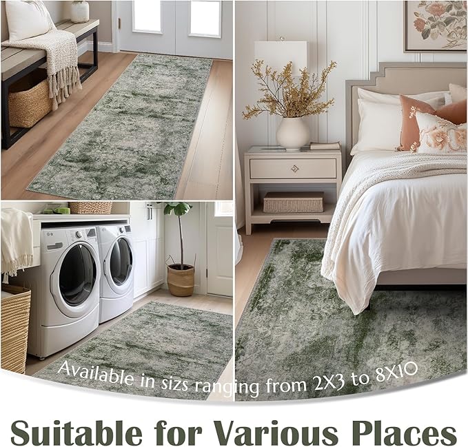 jinchan Green Floral 2x3 Rugs for Entryway - Vintage Washable Area Rug Ultra-Thin Low-Pile Soft Small Non-Slip Distressed Doormat for Entrance Kitchen Bedroom Bathroom (2x3ft,Forest Green)-CubbioJoy