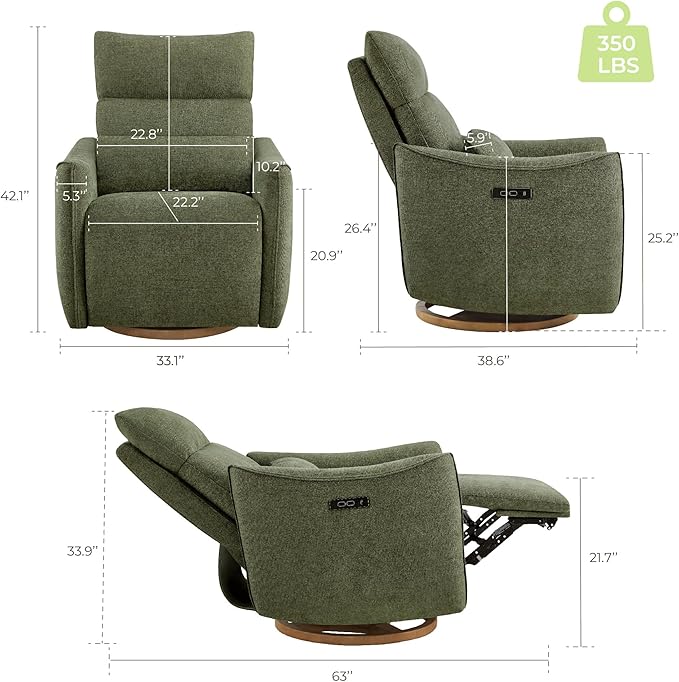 CHITA Swivel Rocker Recliner Chair, Power Nursery Glider Recliner, Nursery Rocking Chair with Adjustable Power Headrest, FSC Certified, Solid Wood Base, Moss Green-CubbioJoy
