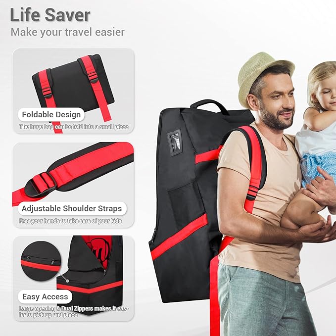 Car Seat Travel Bag - Padded, Comfortable, Durable, Roomy Gate Check Carseat Cover Backpack Fits 3-in-1，Convertible, Booster & Infant Car Seats for Airplane, Airport, Red-CubbioJoy