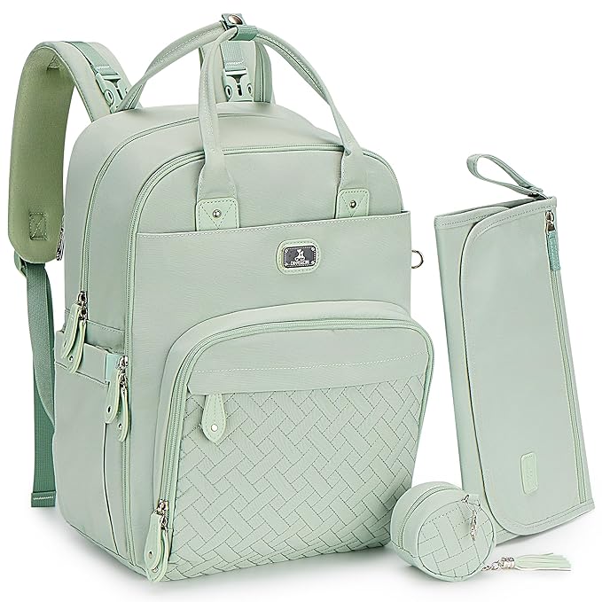 Dikaslon Diaper Bag Backpack with Portable Changing Pad, Pacifier Case and Stroller Straps, Large Unisex Baby Bags for Boys Girls, Multipurpose Travel Back Pack for Moms Dads, Mint Green-CubbioJoy