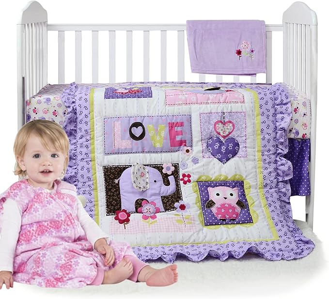 Brandream Crib Bedding Set 3 Pieces Purple Baby Girls Cotton Patchwork Flowers Elephant Owl Nursery with Ruffle Design, Princess Lovely Cute Breathable Healthy-CubbioJoy