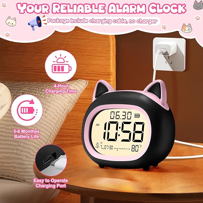 Kids Alarm Clock with Night Light for Kids, Small Digital Alarm Clocks for Bedrooms, Routine Builder, Cute Cat Alarm Clock with Sleep Training, Snooze, 12/24H, Date & Day, Temperature, USB Port-CubbioJoy