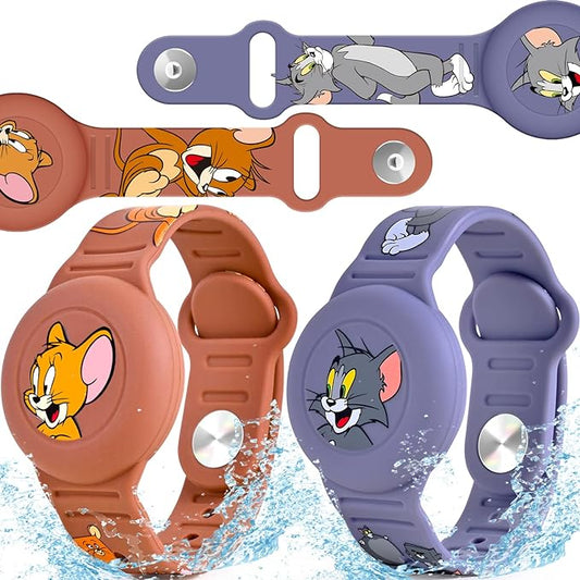 2 Pack AirTag Bracelet for Kids, Waterproof Cute Cartoon Air tag Holder for Kids with Watch Band Design, Full Coverage Silicone Airtag Hidden Accessories for Child, Healthy Material Brown + Grey-CubbioJoy