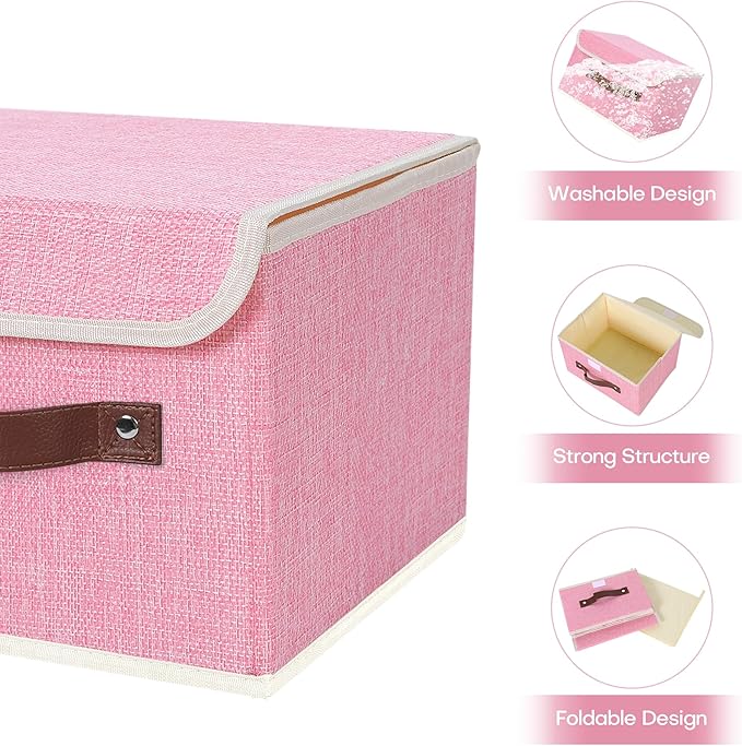 ANMINY 2PCS Storage Bins with Lid PU Leather Handles Storage Boxes PP Plastic Board Decorative Foldable Lidded Cotton Linen Fabric Home Cubes Baskets Closet Organizer Containers - Pink, Small Size-CubbioJoy
