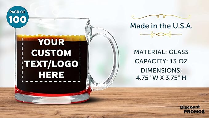 Custom Libbey Clear Glass Coffee Mugs 13 oz. Set of 100, Personalized Bulk Pack - Perfect for Coffee, Tea, Espresso, Hot Cocoa, Other Beverages - Red Bottom-CubbioJoy
