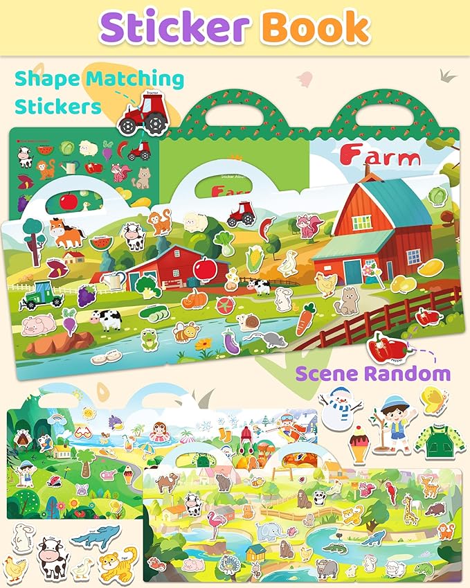Benresive Reusable Sticker Books for Kids 2-4, Sticker Books for Toddlers 1-3 2-4, Toddler Travel Toys Activities Crafts Gifts - Farm, Animal and Season-CubbioJoy