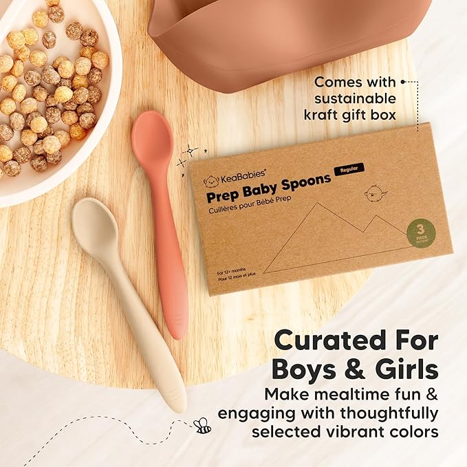 KeaBabies Silicone Baby Spoons, Self Feeding 6-12 months - 3-Pack Baby Weaning Eating Utensils, Toddler First Food Training Spoon, Infant, Kids Feeding Supplies Essential Set,Dishwasher-safe (Roseate)-CubbioJoy