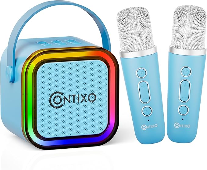 Contixo KS1A Kids Mini Karaoke Machine with LED Lights, 7–10H Playback, Dual Wireless Mics, Magic Voice Effects, Bluetooth Speaker for Children, Portable Singing Toy Gift for Boys & Girls, Blue-CubbioJoy