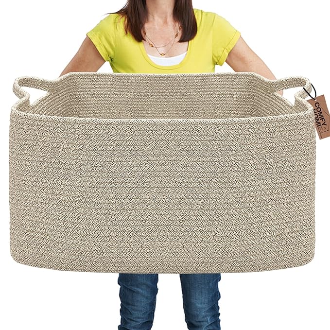 COMFY-HOMI Large Rectangular Blanket Basket, Woven Cotton Rope Baskets for Storage, Laundry Hamper Basket, Storage Bin,Toy Organizing Bin with Handle, Organization and Storage-22x15x12”-Brown-CubbioJoy