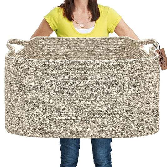 COMFY-HOMI Large Rectangular Blanket Basket, Woven Cotton Rope Baskets for Storage, Laundry Hamper Basket, Storage Bin,Toy Organizing Bin with Handle, Organization and Storage-22x15x12”-Brown-CubbioJoy