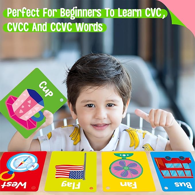 52 PCS Word Flashcards, 52 CVC Words & 52 CVCC, CCVC Words Double-Sided Cards with 2 Rings, Vocabulary Phonics Learning, Educational Tool for Preschool, Kindergarten, Toddlers-CubbioJoy