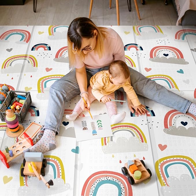 79 x 71 Baby Play Mats for Floor, Foldable Foam Play Mat for Babies 0-12 months,Thick & Waterproof Playmate for Baby, Non Toxic Baby Tummy Time Activity Playmat, Reversible Playpen Mat for Infant Toddlers-CubbioJoy