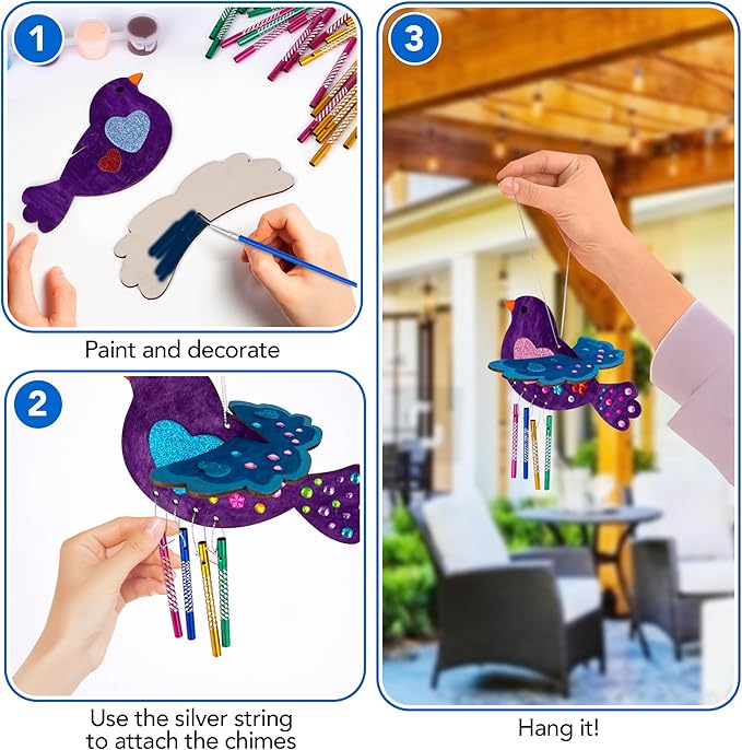 ArtCreativity DIY Wind Chime Kit for Kids - 8 Pack - Wooden Wind Chime Set with Paint Kit, Rhinestone Flower Stickers, Glitter Heart Foam Stickers, and More - Summer Arts and Crafts for Kids 3 and Up-CubbioJoy