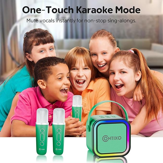 Contixo KS1A Kids Mini Karaoke Machine with LED Lights, 7–10H Playback, Dual Wireless Mics, Magic Voice Effects, Bluetooth Speaker for Children, Portable Singing Toy Gift for Boys & Girls, Green-CubbioJoy
