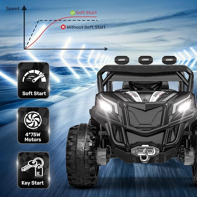 ANPABO 24V 4X4 Ride on Car Truck w/Remote Control, 4WD/2WD Switchable Kids UTV, 19" Spacious Seat, 4 Shock Absorbers, Soft Start, Music Player, Electric Car for Kids Ages 3+(Black-CubbioJoy