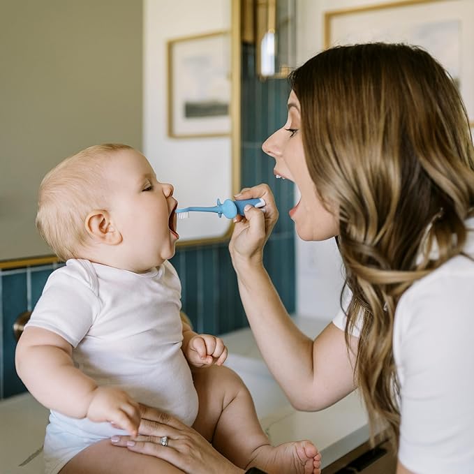 Dr. Brown's Infant-to-Toddler Training Toothbrush Set, Blue Elephant with Fluoride-Free Apple Pear Baby Toothpaste, 0-3 years-CubbioJoy