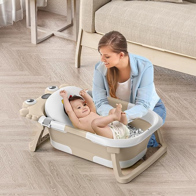 Collapsible Baby Bathtub for Infants to Toddler with Real-time Temp Monitor+Floating Cushion,Foldable Baby Bath Tub Set Applicable 0-36 Month,Portable Travel Baby Tub for Newborns Boy (Beige)-CubbioJoy