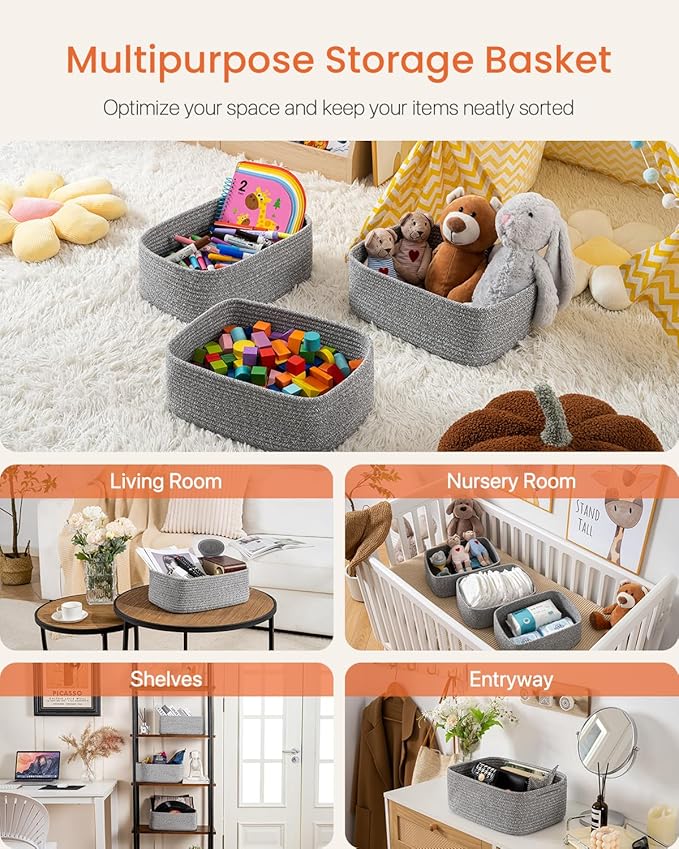 KALLAX Small Woven Basket, 13.5 x 9.5 x 5 Inches, Storage Basket for Organizing, Cute Small Rope Shelf Closet Cube Storage Bins Baskets for Shelves, Dog Toy Gift Baskets Empty, 3 Packs, Mixed Grey-CubbioJoy