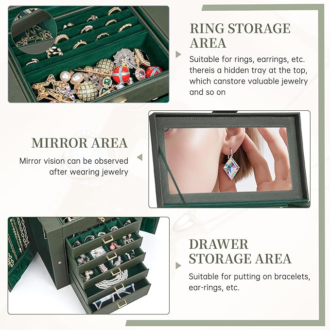AKOZLIN Huge Jewelry Box Organizer Functional Large Leather Jewelry Storage Case for Women Girls Ring Necklace Earring Bracelet Holder Organizer with Mirror-CubbioJoy