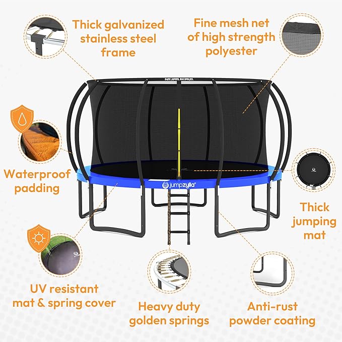 JUMPZYLLA Trampoline Outdoor 8FT 10FT 12FT 14FT 15FT 16FT with Enclosure and Ladder, ASTM Approved Recreational Trampoline for Kids and Adults, Anti-Rust Coated Frame-CubbioJoy