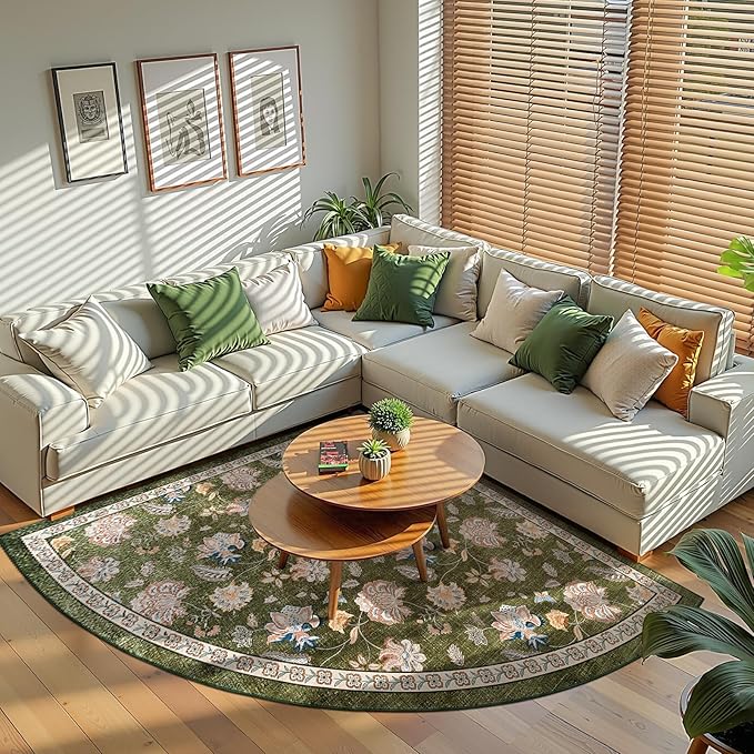 jinchan Floral Corner Rug for Kitchen Washable Nursery Rug Vintage Romance Design Non Slip Quarter Circle Lightweight Low-Pile Throw Carpet for Playroom Reading Nook Office, 5ft Radius, Green-CubbioJoy