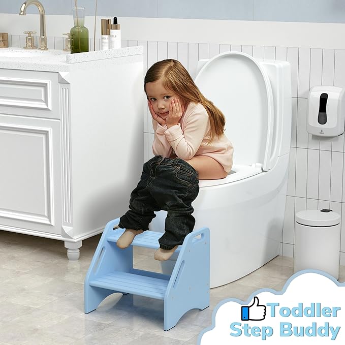 AMBIRD Wooden Step Stool, Two Step Stools 300 lbs Capacity with Safety Non-Slip Pads and Handles, Bamboo Step Stool for Bathroom, Kitchen Dual Height Step Stools for Kids (Sky Blue)-CubbioJoy