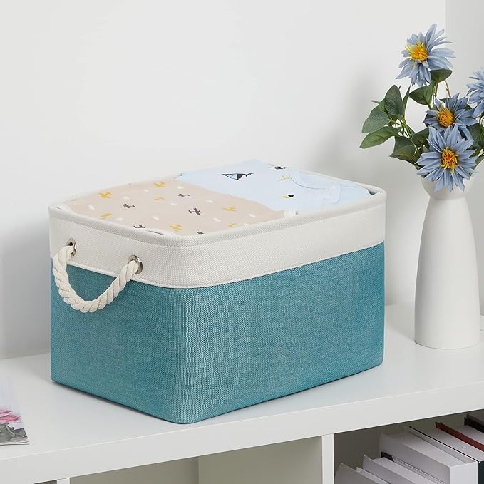 Bidtakay Basket Storage Bins with Handles Fabric Large Storage Baskets for Organizing Set of 3 Collapsible Rectangular Basket for Shelves Closet Organizer 15 X 11 X 9.5 Inches(White&Teal Blue)-CubbioJoy
