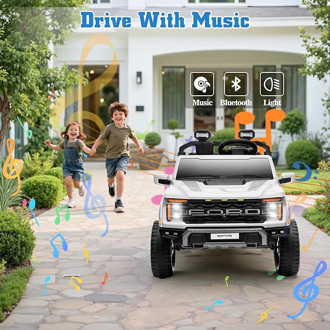 24V Ride on Car Licensed Ford F-150 Raptor, Kids Electric Car with Remote Control, LED Light/Music/MP3, Truck Bed Storage, 3-Point Seat Belt (24V, White)-CubbioJoy