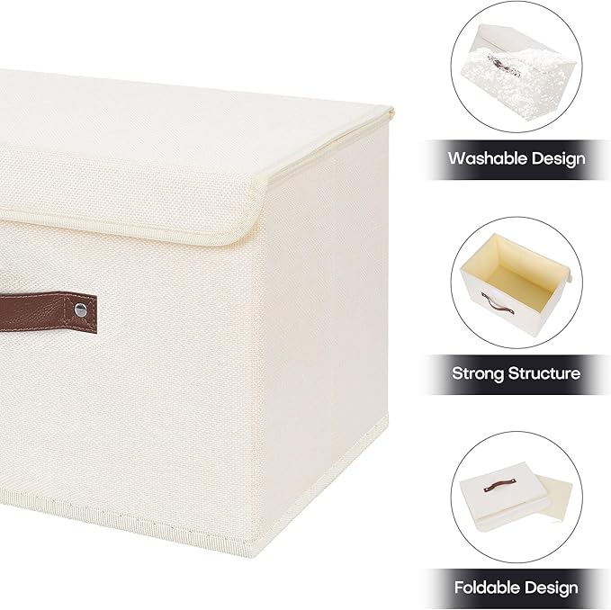ANMINY 2PCS Storage Bins with Lid PU Leather Handles Storage Boxes PP Plastic Board Decorative Foldable Lidded Cotton Linen Fabric Home Cubes Baskets Closet Organizer Containers - Beige, Large Size-CubbioJoy