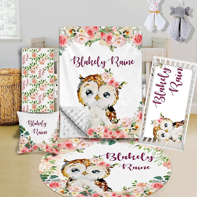 Custom Crib Bedding Set - Owl Design Personalized Name Baby Nursery Bed 3 Pcs Set - Chic Soft Blanket with Dotted Backing, Sheet, Pillowcase for Newborn Girls Boys Gifts Color22-CubbioJoy