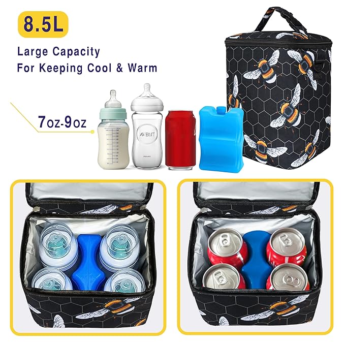 Breastmilk Cooler Bag with Ice Pack Fits 4 Baby Bottles Up to 9 Ounce Insulated Baby Bottle Bag Breast Milk Cooler on The Go with Strap Baby Bottle Cooler Bag for Nursing Mom Daycare or Travel-CubbioJoy