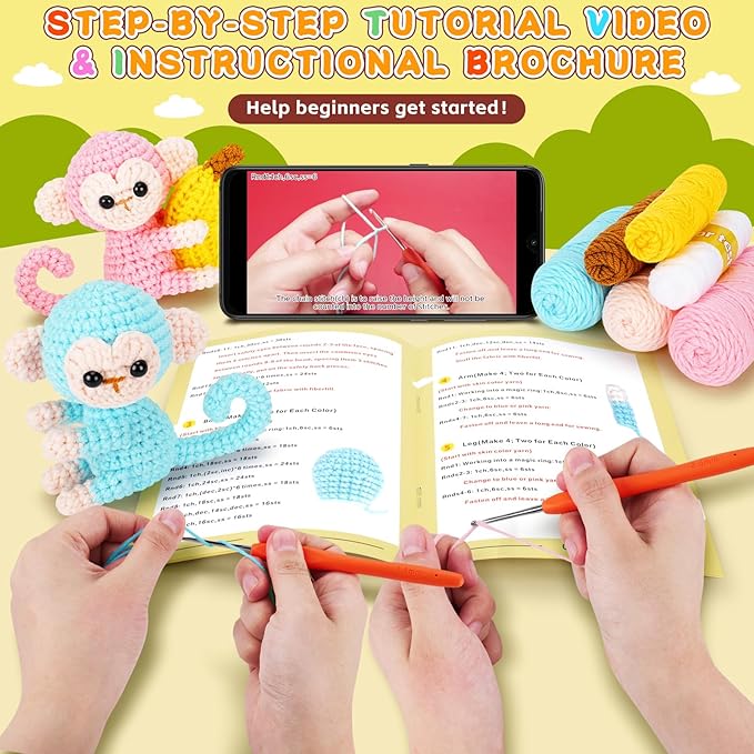 Crochet Kit for Beginners - 2 PCS Monkey with Banana Crochet Kits with Step-by-Step Video Tutorials, Beginner Crochet Kit for Adults, Crochet Monkey Kit for Kids (Blue & Pink)-CubbioJoy