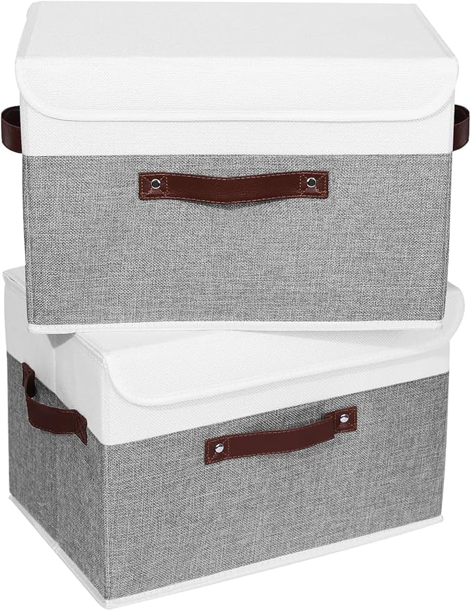 ANMINY 2PCS Storage Boxes with Lid Washable Decorative Storage Bins Basket with PU Leather Handle Foldable Linen Fabric Storage Cubes Containers for Home Closet Organizer - Gray White, Large Size-CubbioJoy